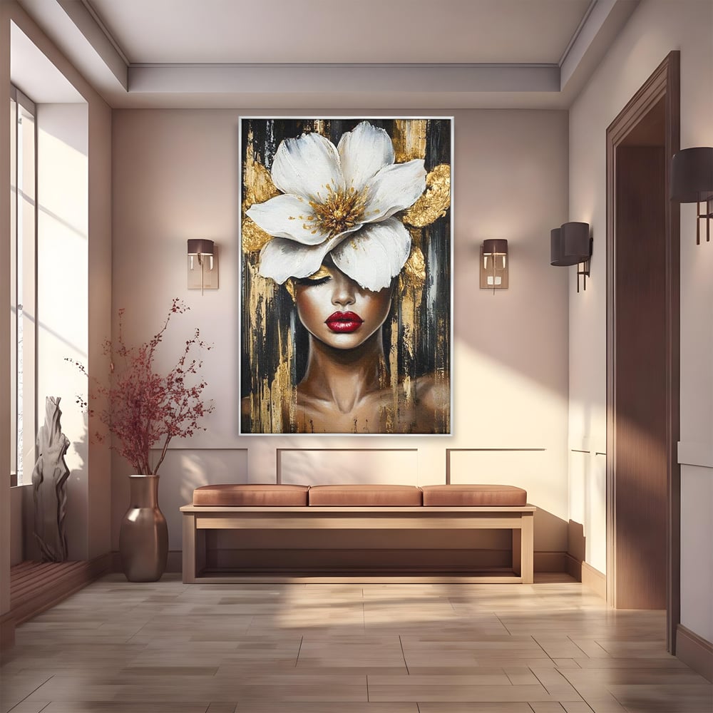 Tablou canvas cu tablou canvas cu portret de femeie si floare, in rama de aluminiu argintiu